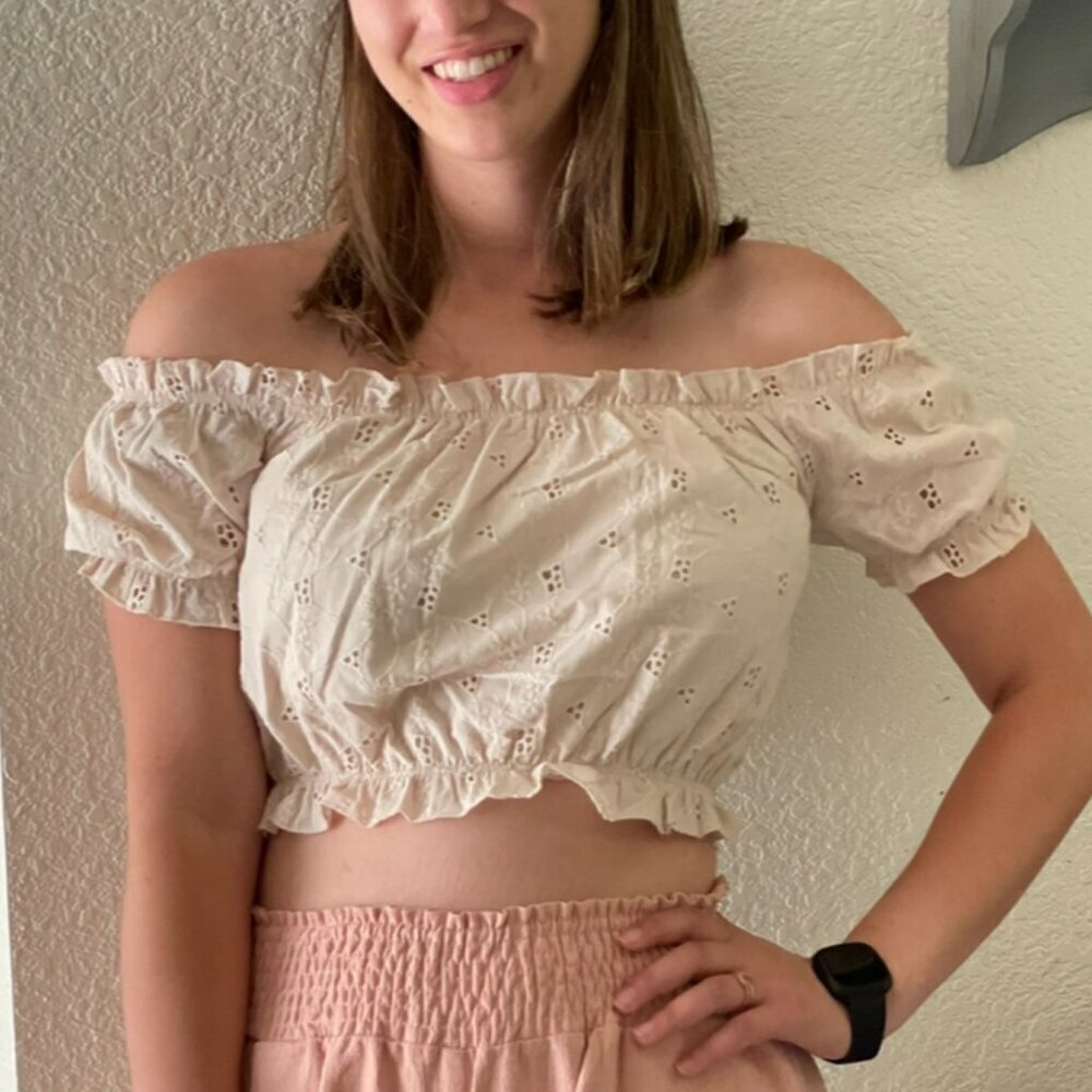 Off White Cream Eyelet Cropped Off Shoulder Top - Picture 15 of 16